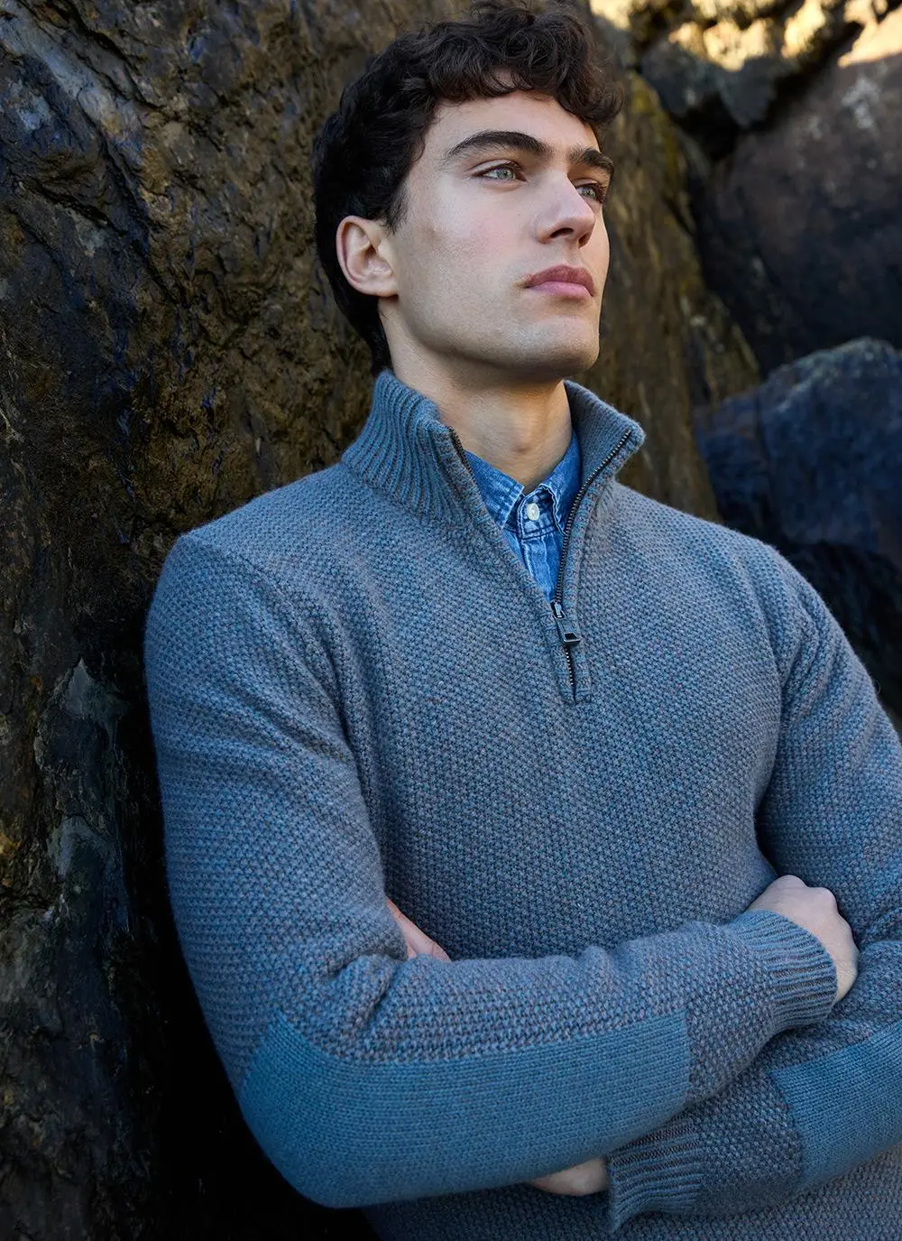 Fisherman Lambswool Seed Stitch Zip Neck Sweater