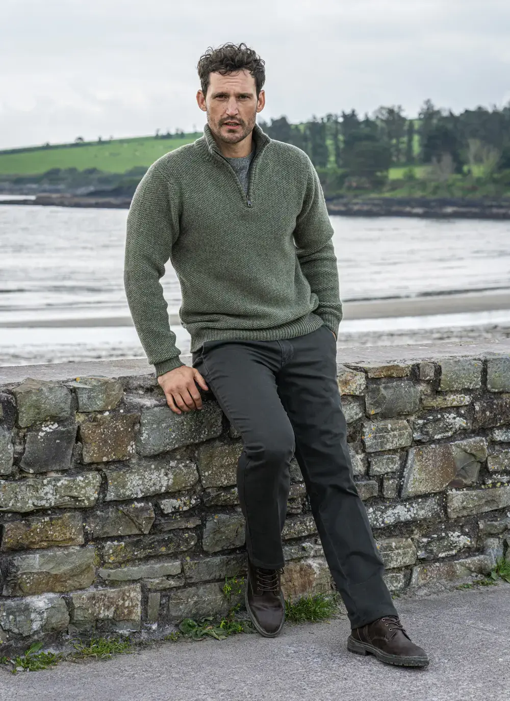 Fisherman Lambswool Seed Stitch Zip Neck Sweater
