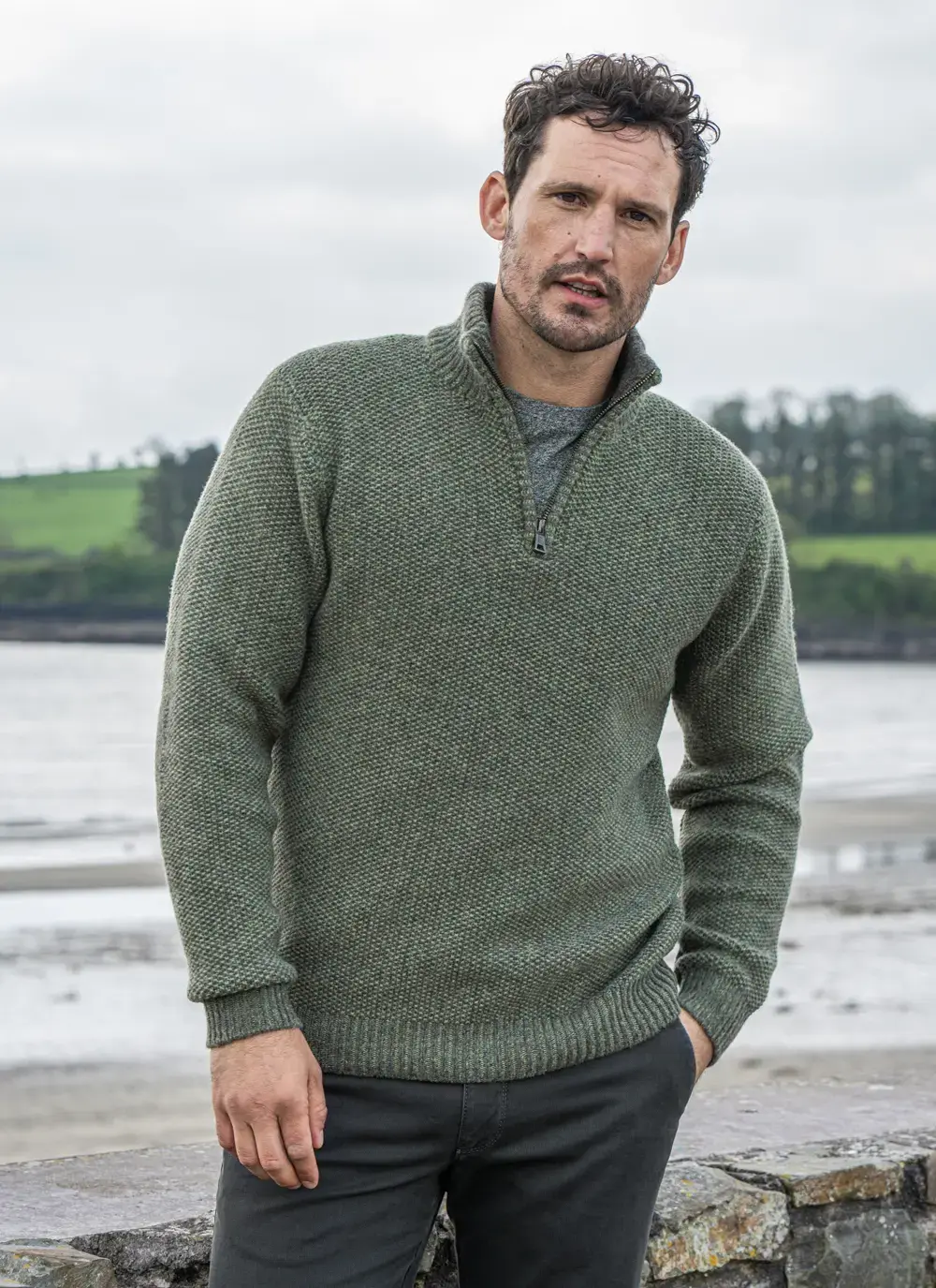 Fisherman Lambswool Seed Stitch Zip Neck Sweater