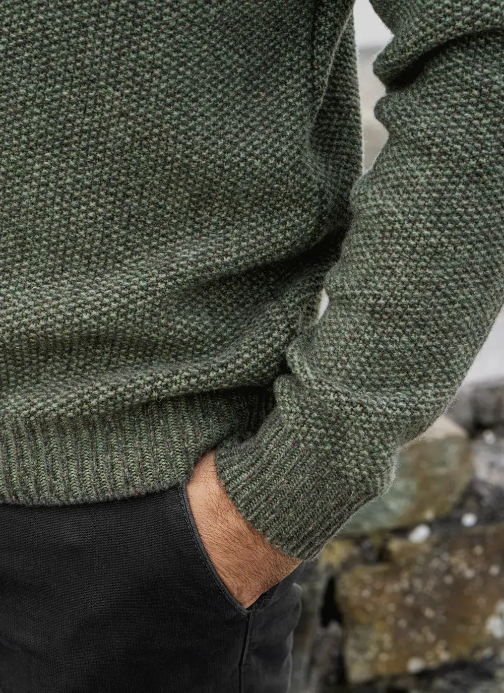 Fisherman Lambswool Seed Stitch Zip Neck Sweater
