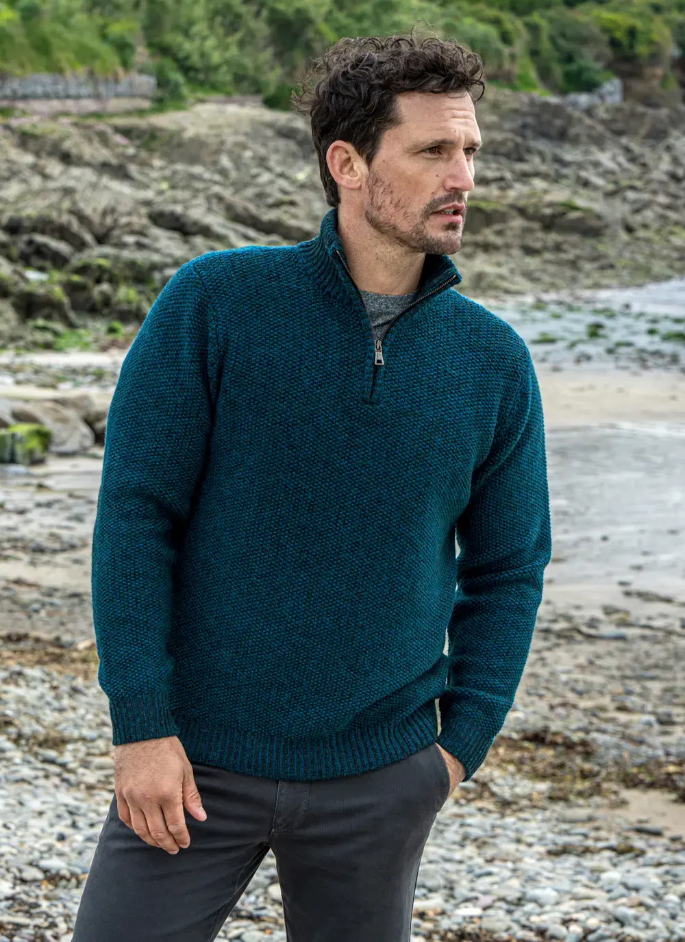 Fisherman Lambswool Seed Stitch Zip Neck Sweater