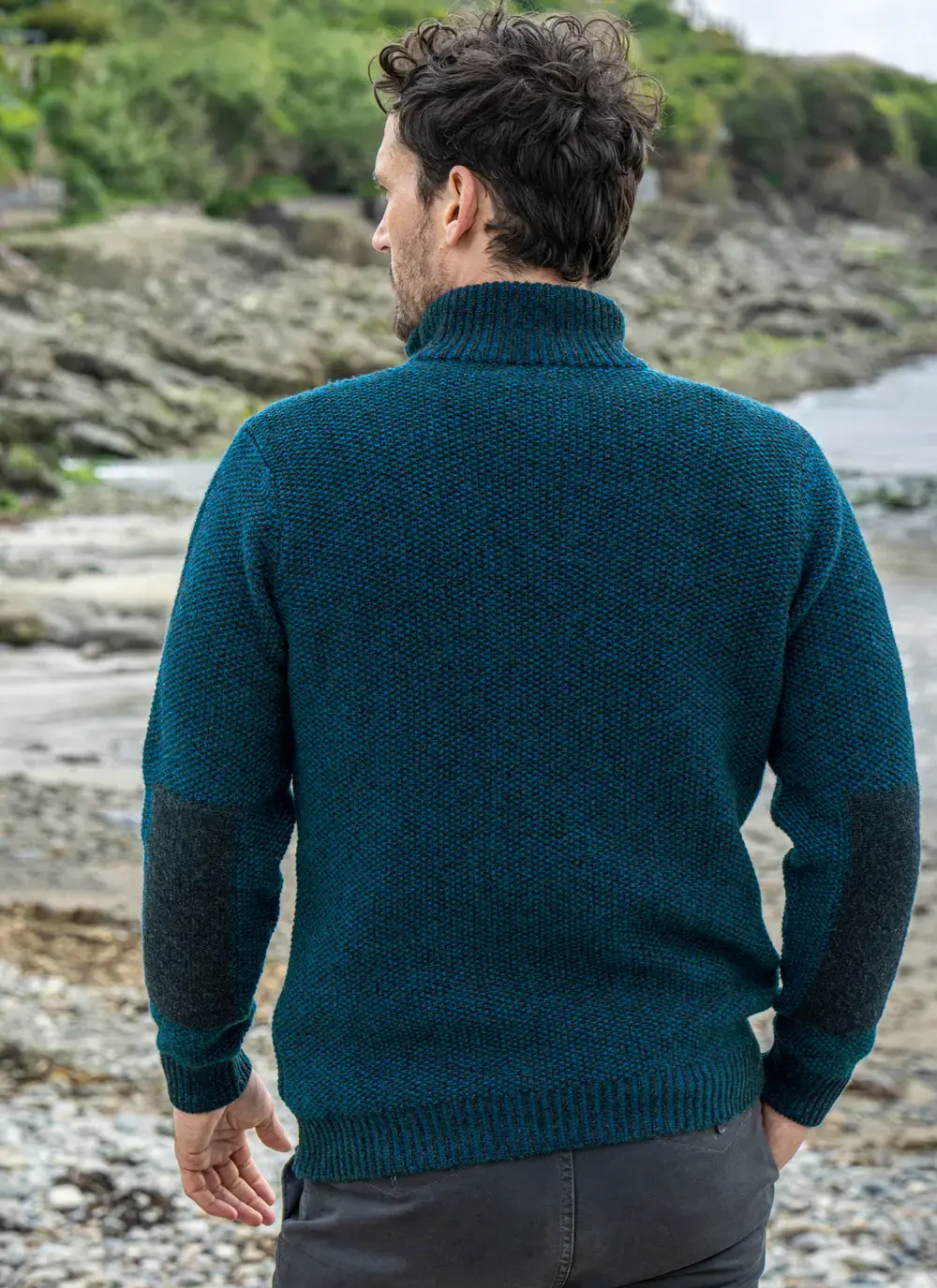 Fisherman Lambswool Seed Stitch Zip Neck Sweater