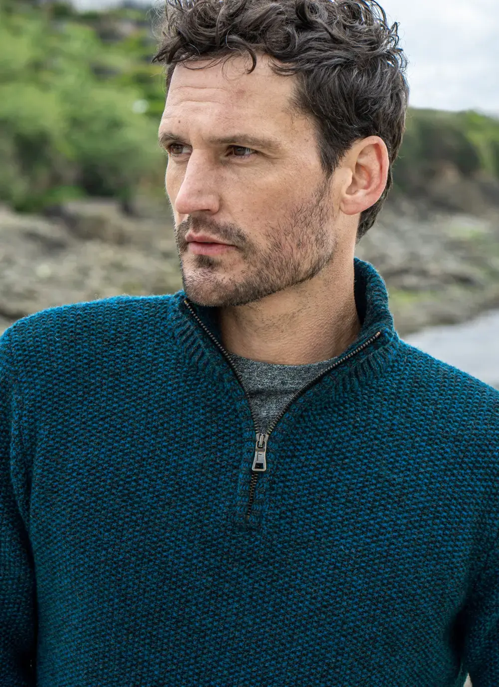 Fisherman Lambswool Seed Stitch Zip Neck Sweater