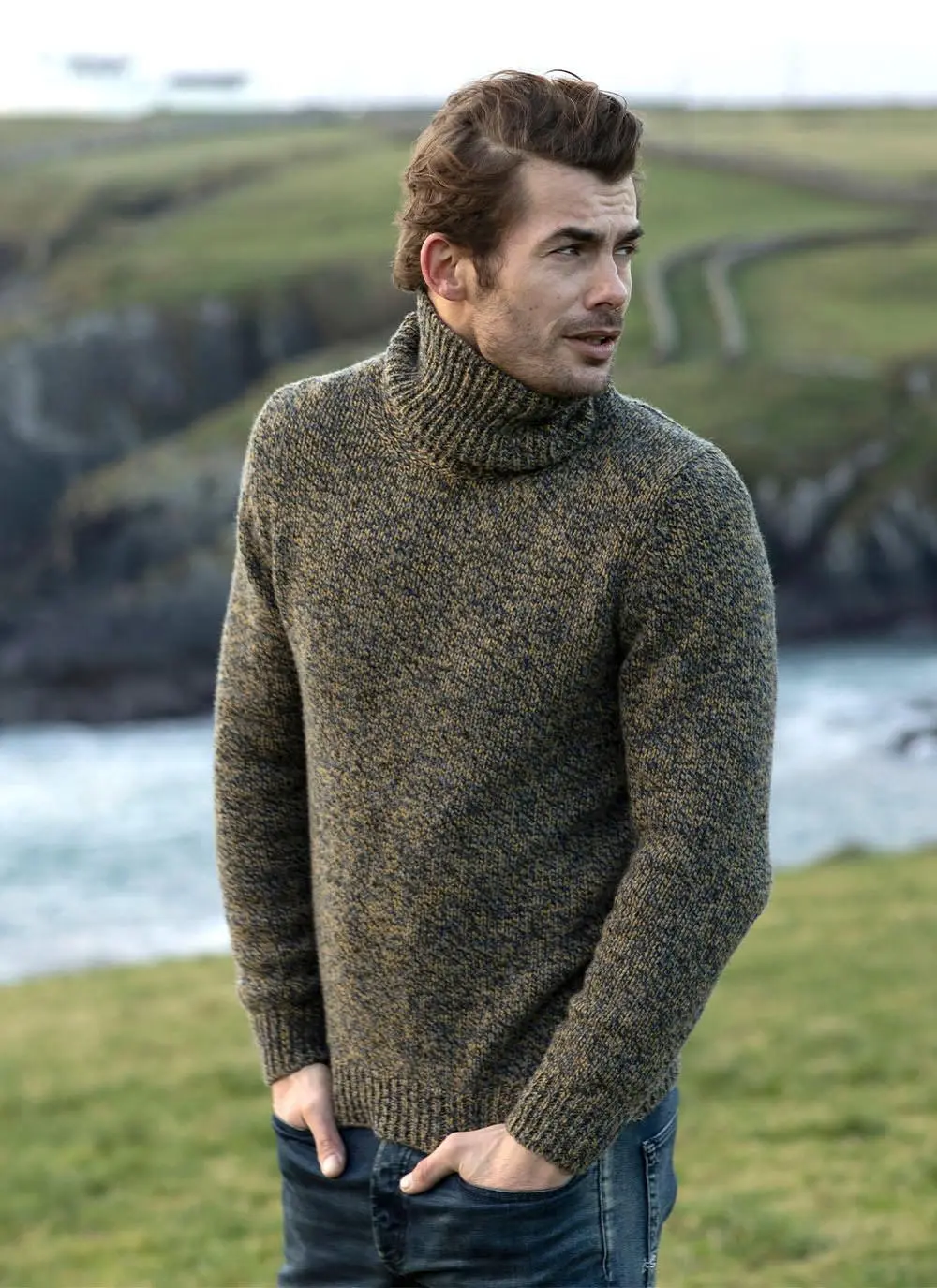Fisherman Chunky Marled Polo Neck Sweater with Cashmere | Blarney