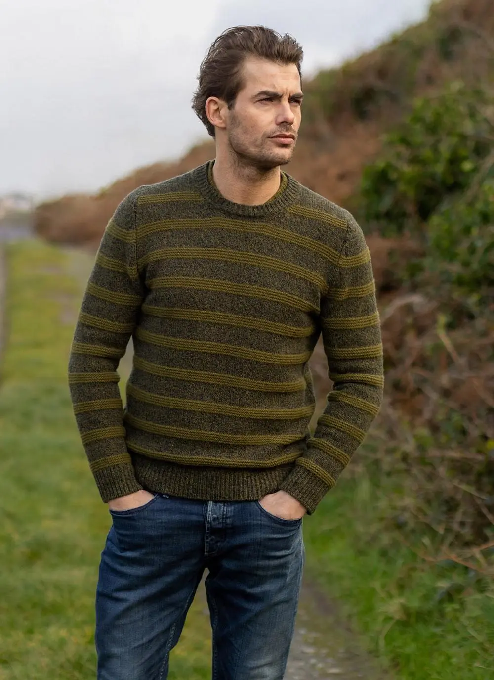 Fisherman Wool Cashmere Striped Crew Neck Sweater 