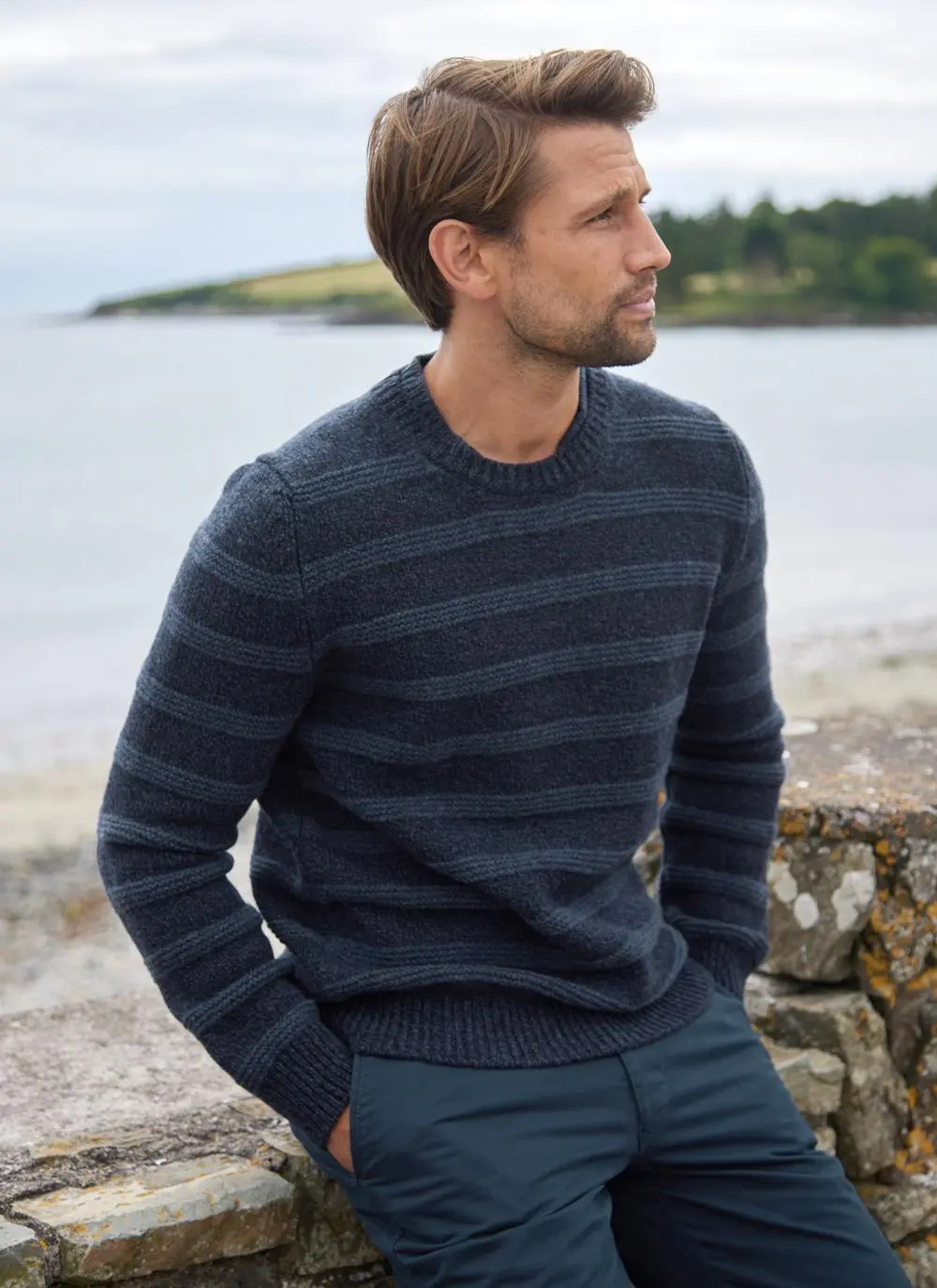 Fisherman Wool Cashmere Striped Crew Neck Sweater 