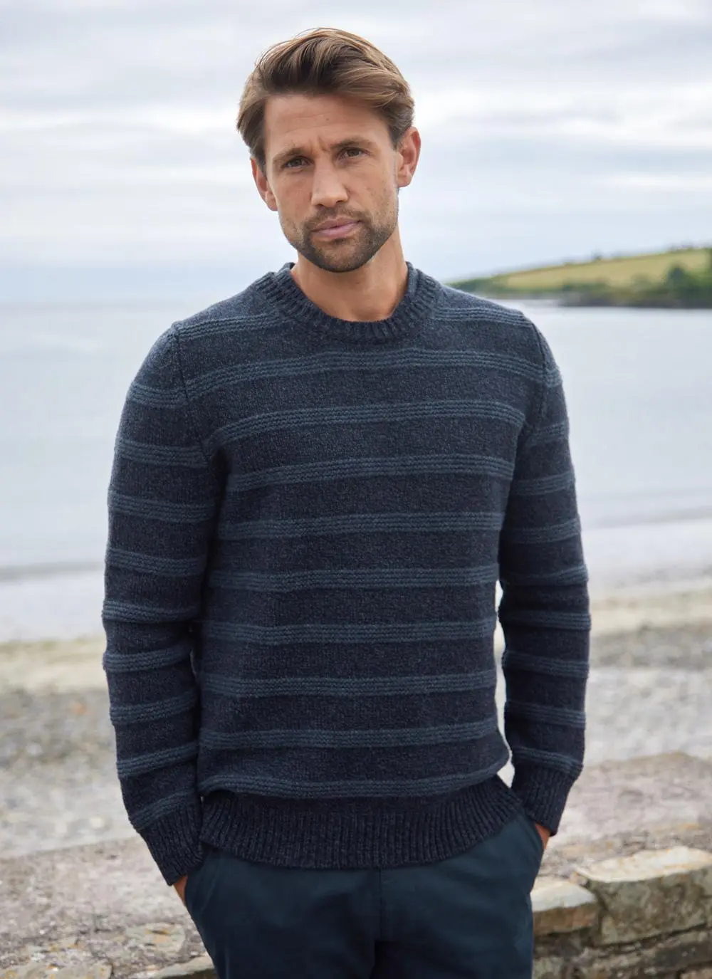 Fisherman Wool Cashmere Striped Crew Neck Sweater 