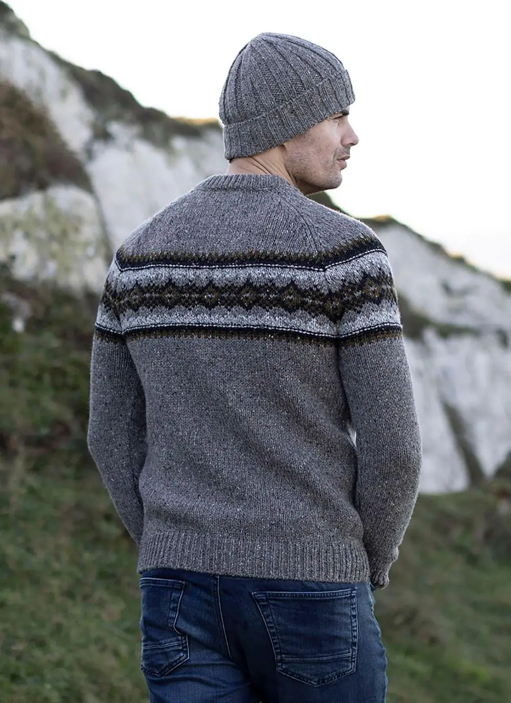 Fisherman Donegal Fleck Jacquard Crew Neck Sweater