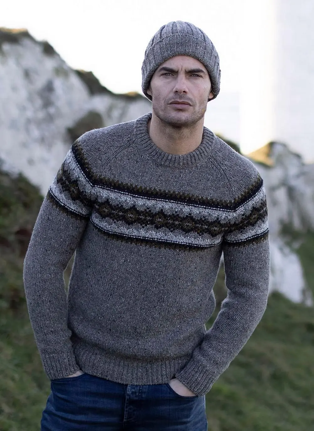 Fisherman Donegal Fleck Jacquard Crew Neck Sweater