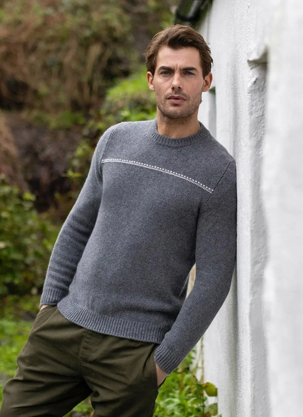 Fisherman Lambswool Crew Neck Sweater with Stripe 