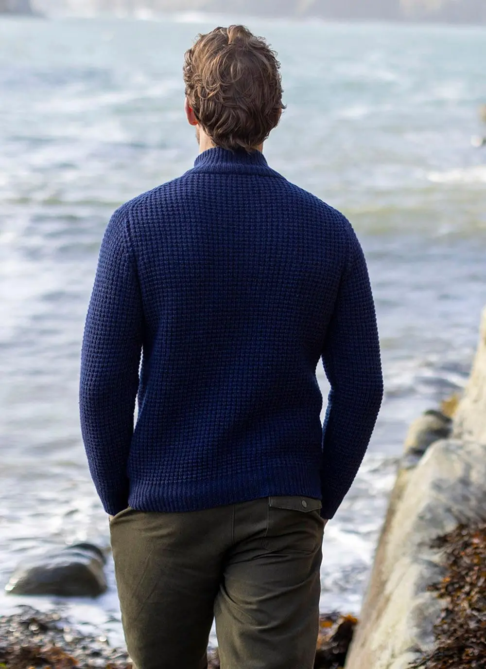 Fisherman Lambswool Waffle Stitch Zip Neck Sweater 