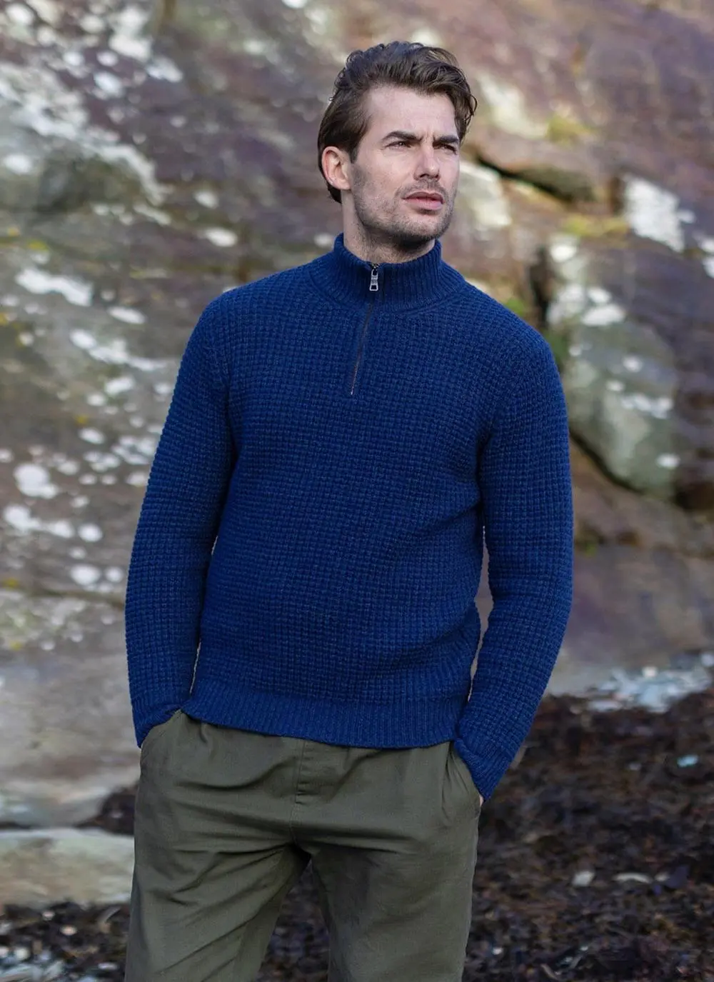 Fisherman Lambswool Waffle Stitch Zip Neck Sweater 
