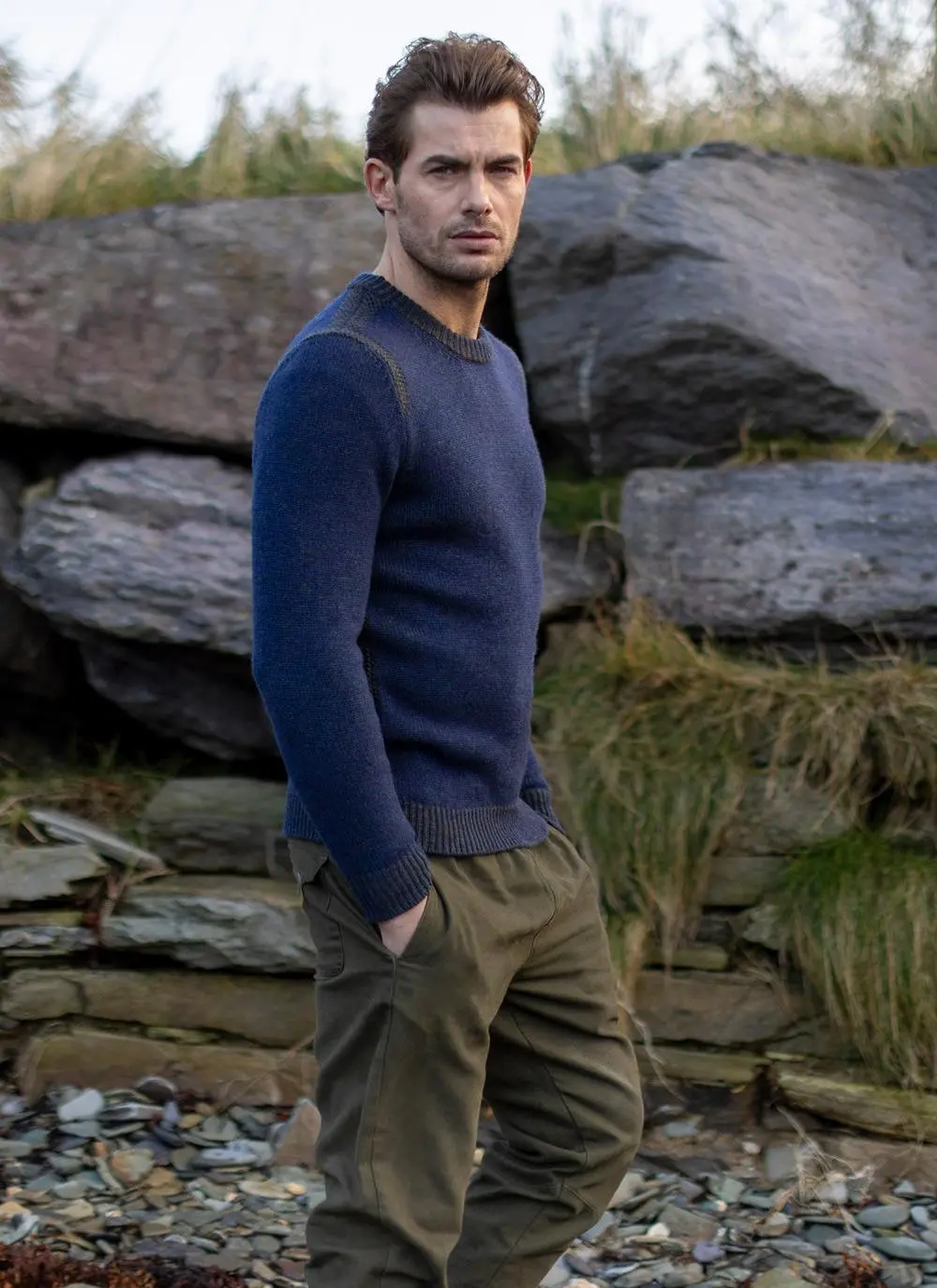 Fisherman Lambswool Crew Neck with Contrast Stitch