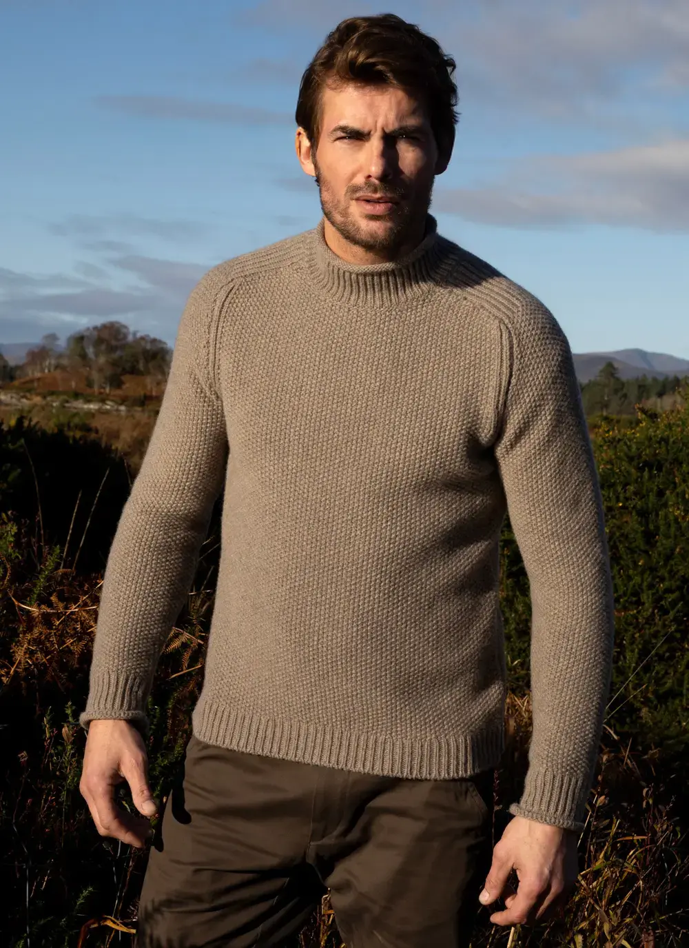 Fisherman Cashmere Seed Stitch Roll Neck Sweater in Clay