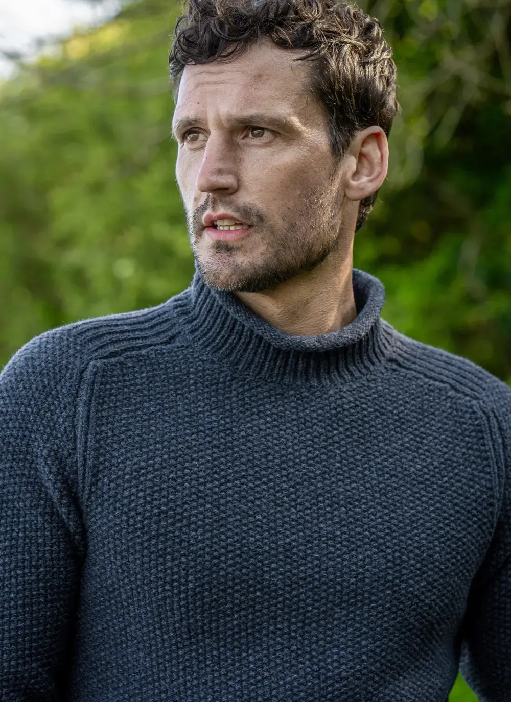 Close-up of the textured seed stitch knit on the cashmere and merino wool sweater