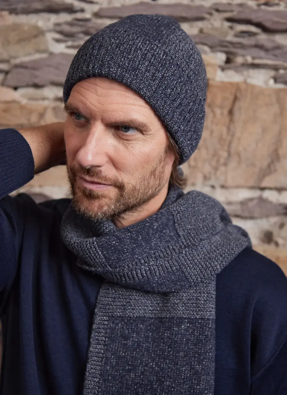 Fisherman Merino Shadow Block Beanie in Indigo