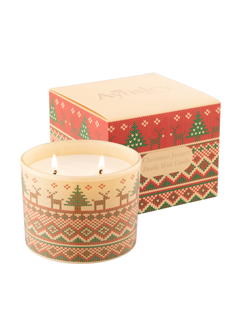Christmas jumper style printed candle, reindeer and christmas tree printed around the top