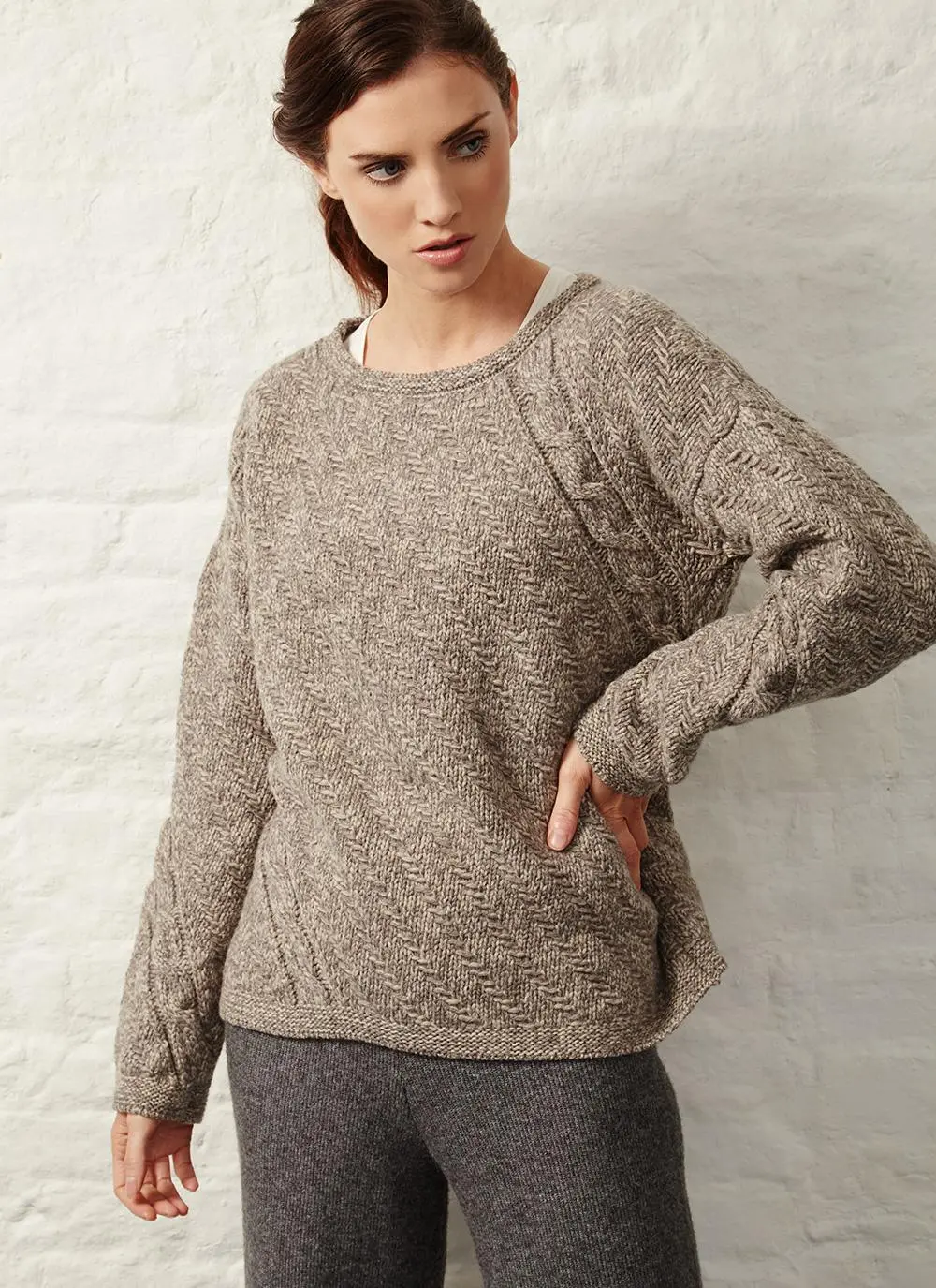 Fisherman Boat Neck Diagonal Cable Sweater