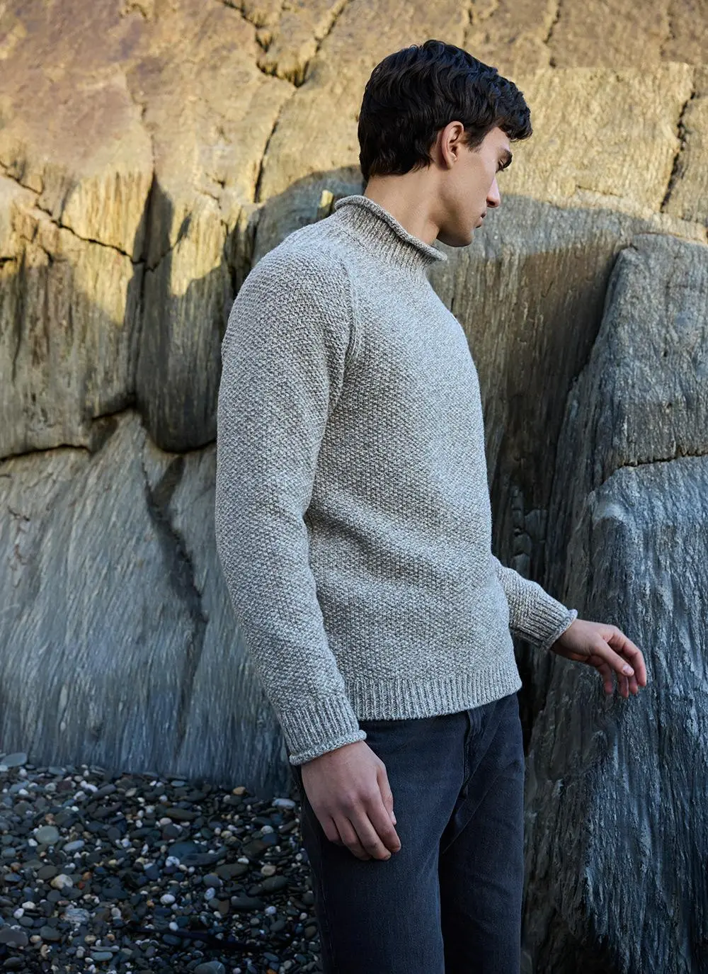 Fisherman Cashmere Seed Stitch Roll Neck Sweater