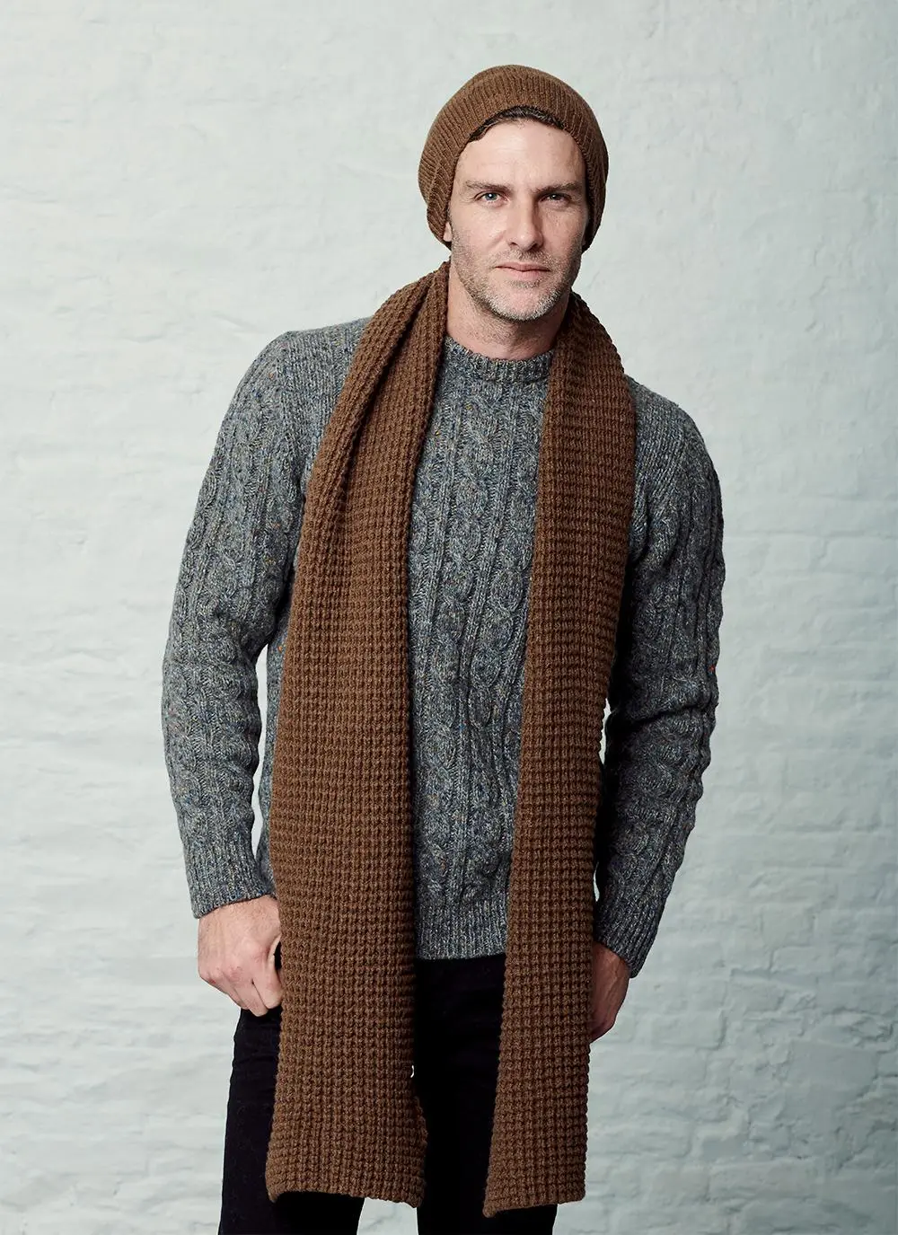 Fisherman Tall Beanie & Waffle Stitch Scarf Set