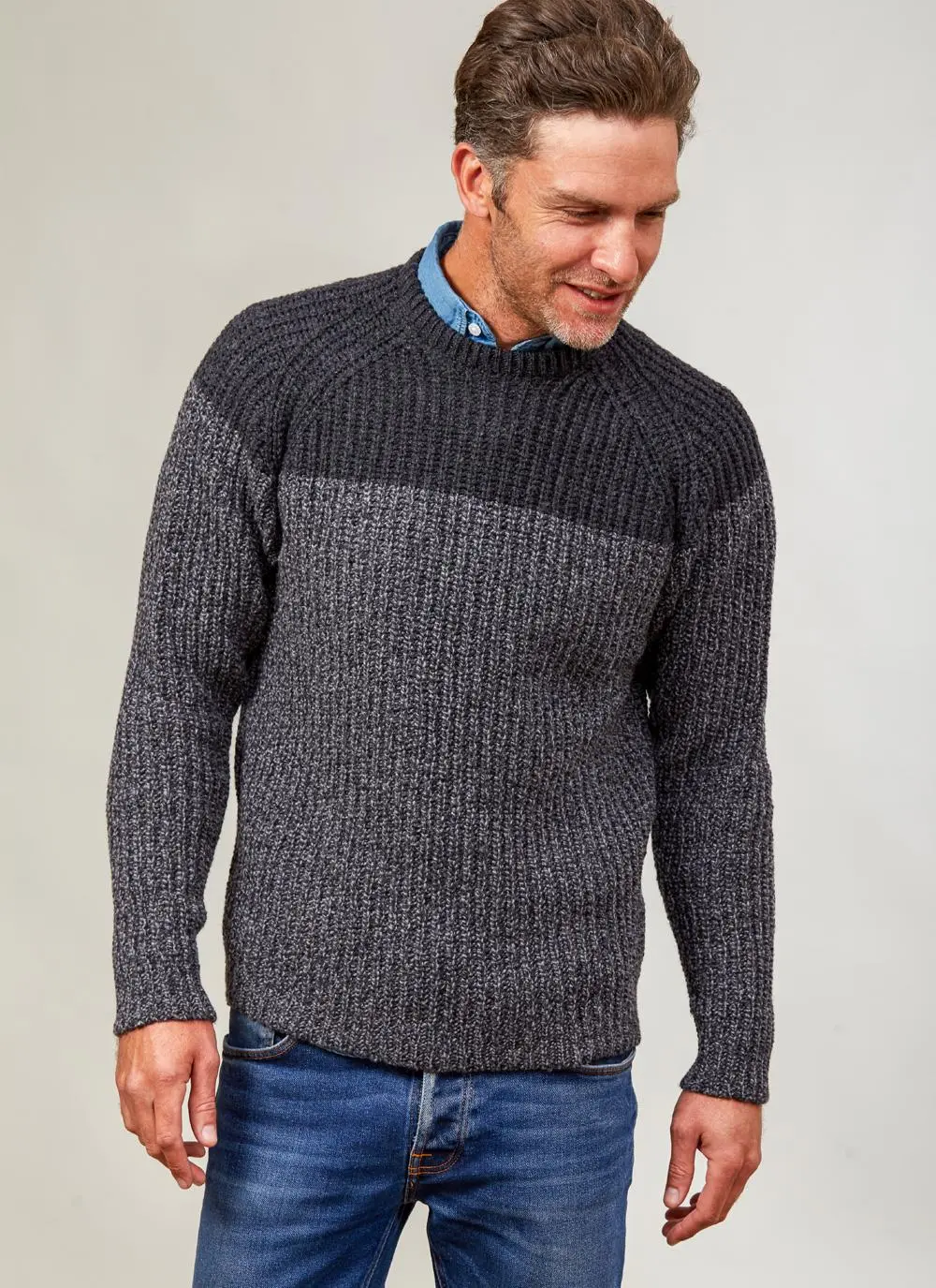 Fisherman Wool Cashmere Color Block Crew Neck 