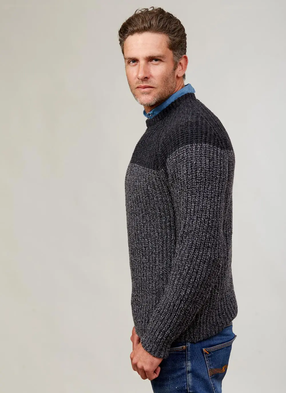 Fisherman Wool Cashmere Color Block Crew Neck 