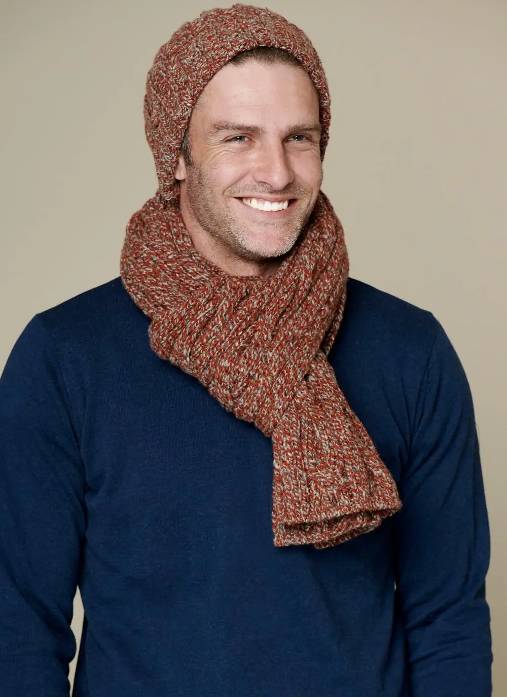 Fisherman Donegal Fleck Beanie & Scarf Set Terracotta