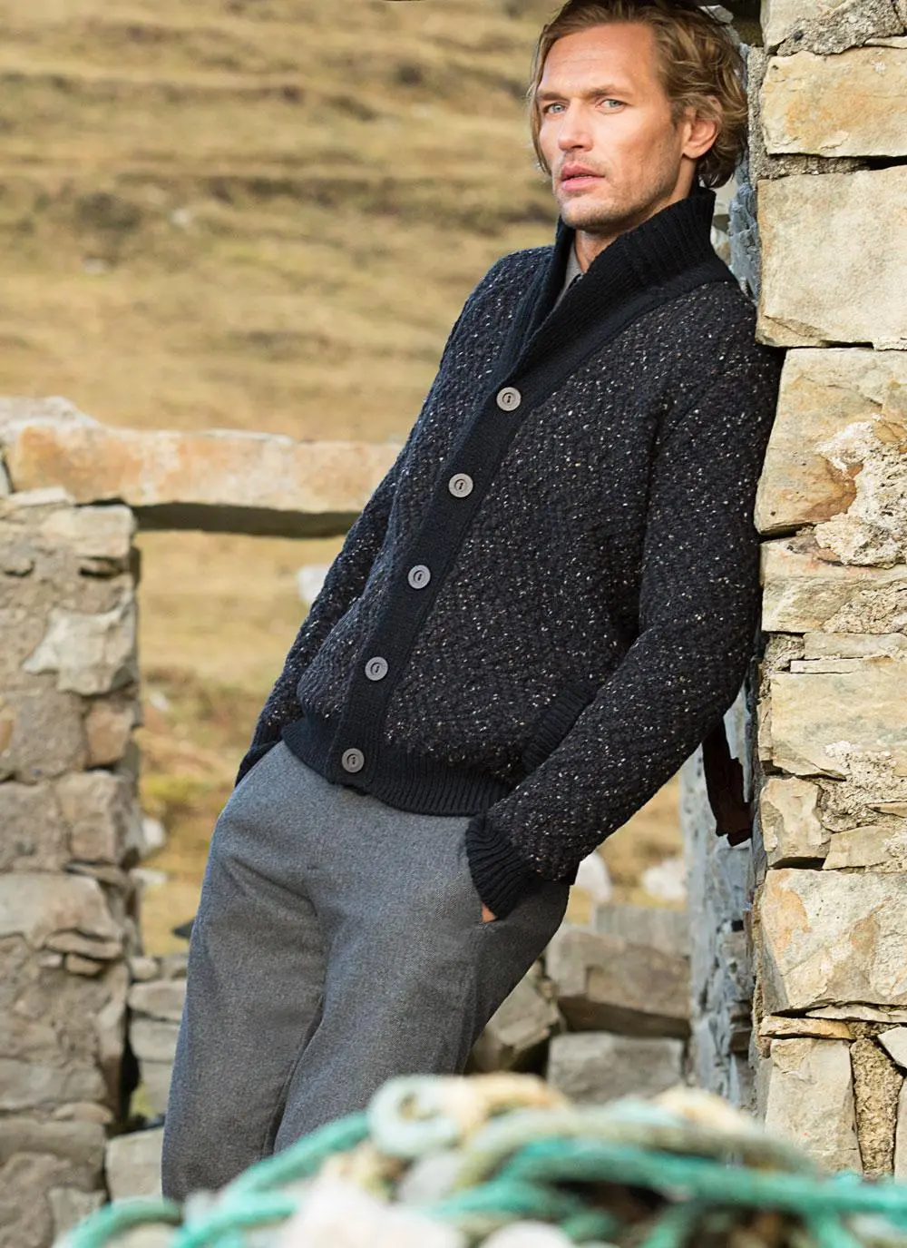 Fisherman Cardigan Chunky Shawl Collar Black