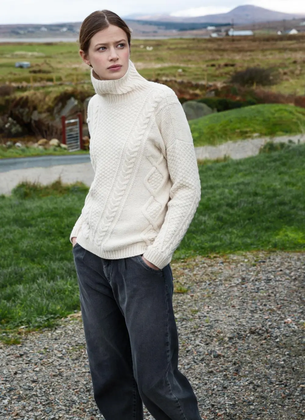 Fisherman Lambswool Funnel Neck Aran Sweater