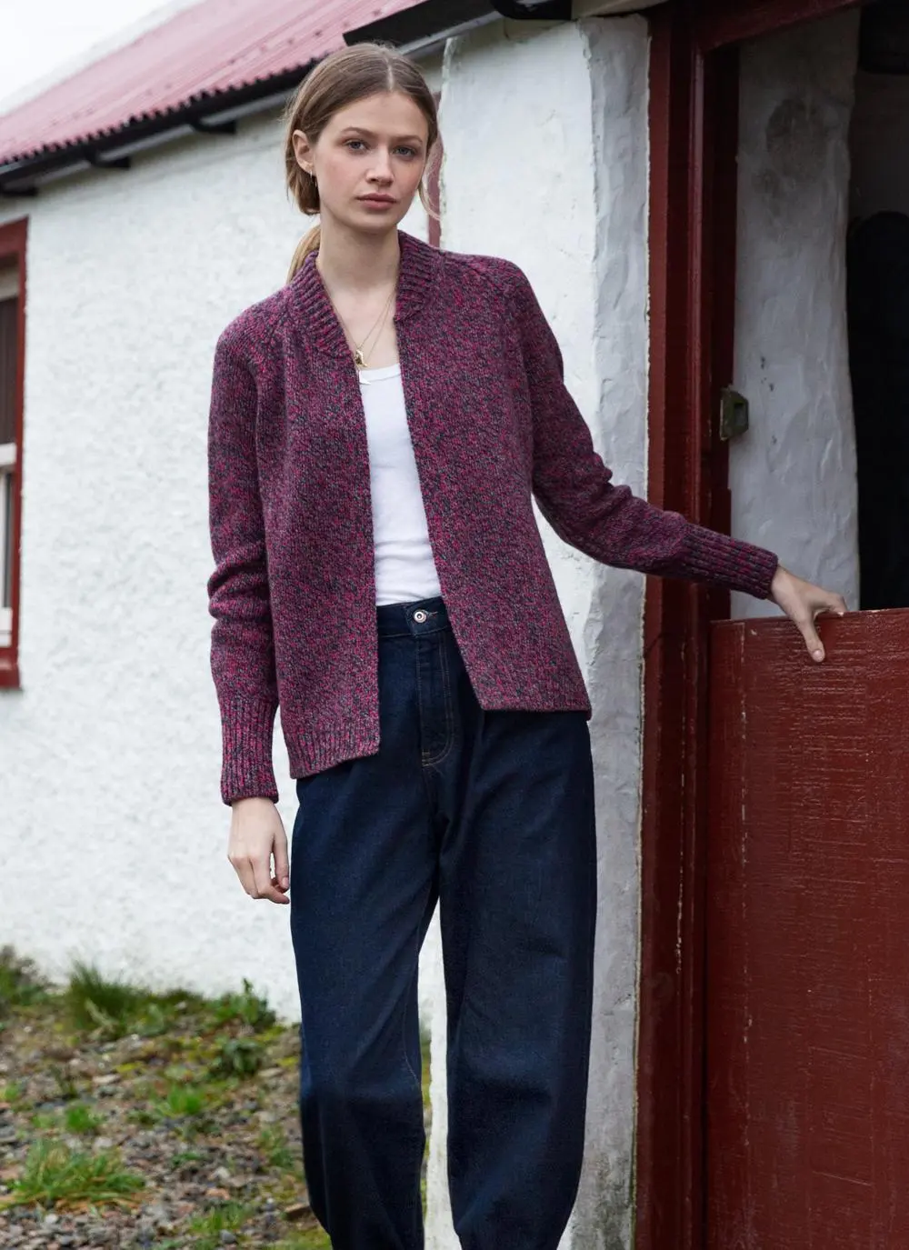 Fisherman Wool Cashmere Ribbed Cuff Cardigan