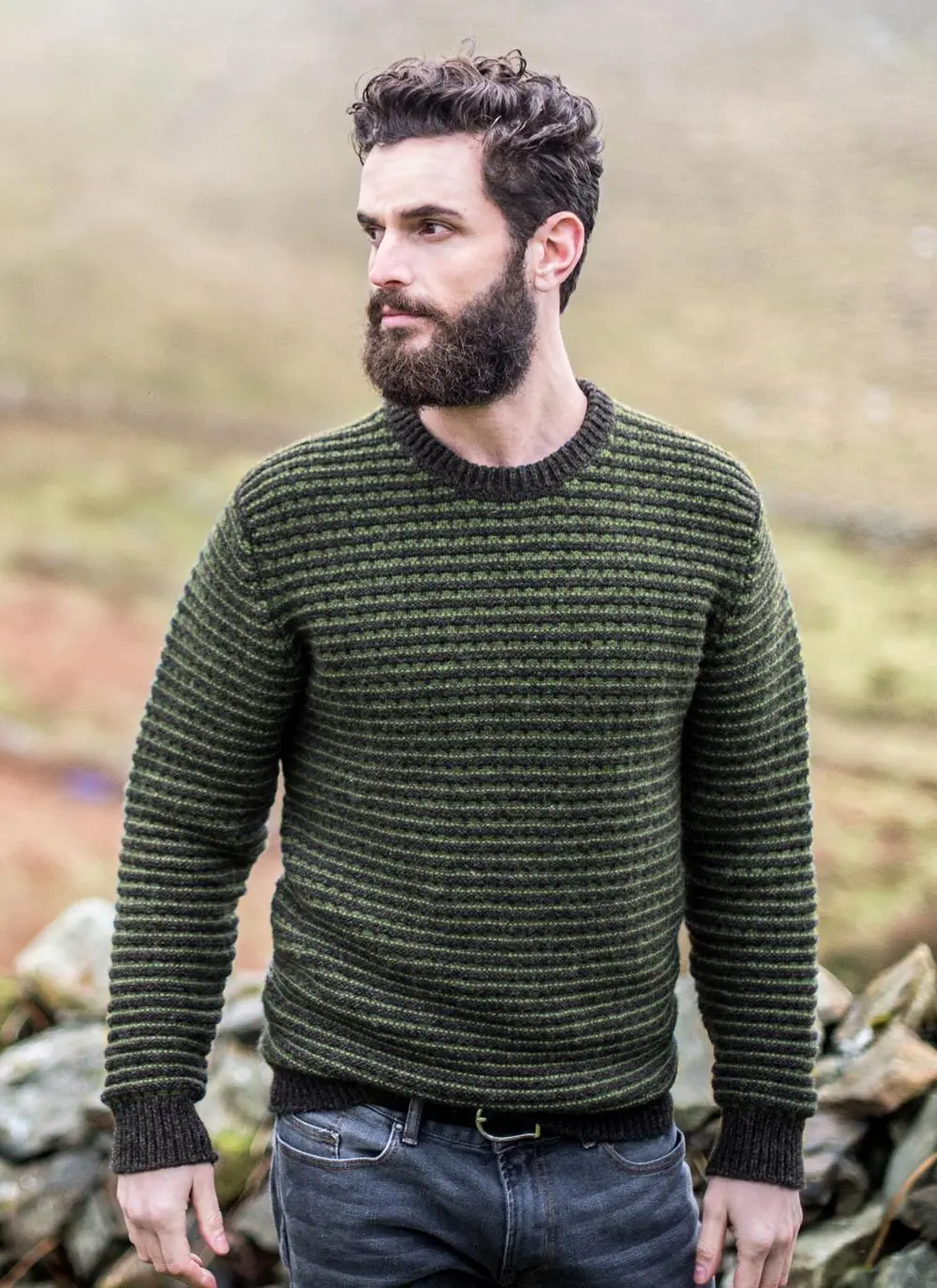 Fisherman Wool Cashmere Stripe Crew Neck Sweater | Blarney