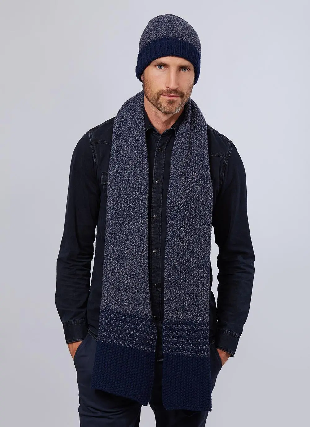 Fisherman Wool Cashmere Seed Stitch Hat & Scarf Set - Ink