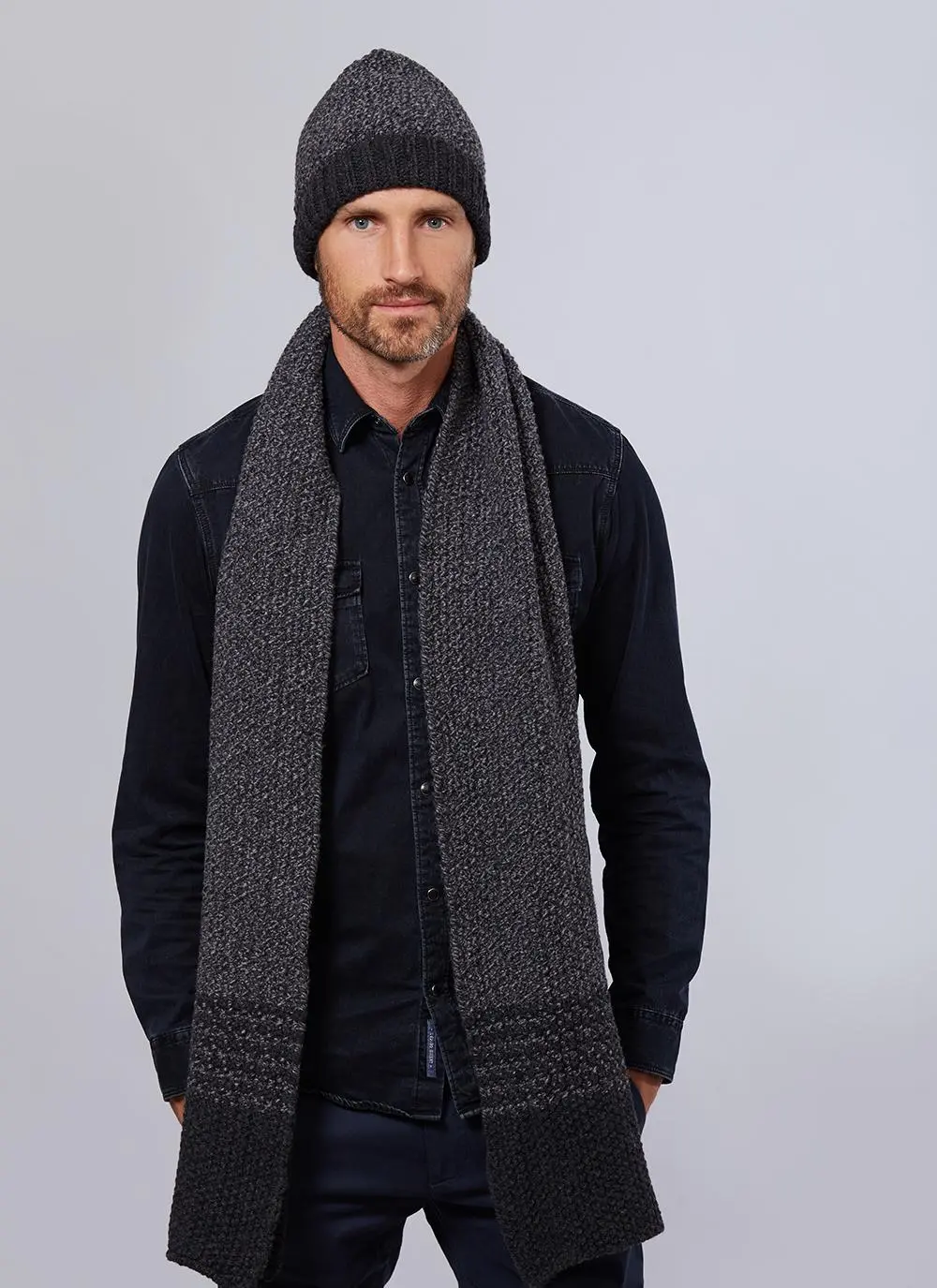 Fisherman Wool Cashmere Seed Stitch Hat & Scarf Set - Slate
