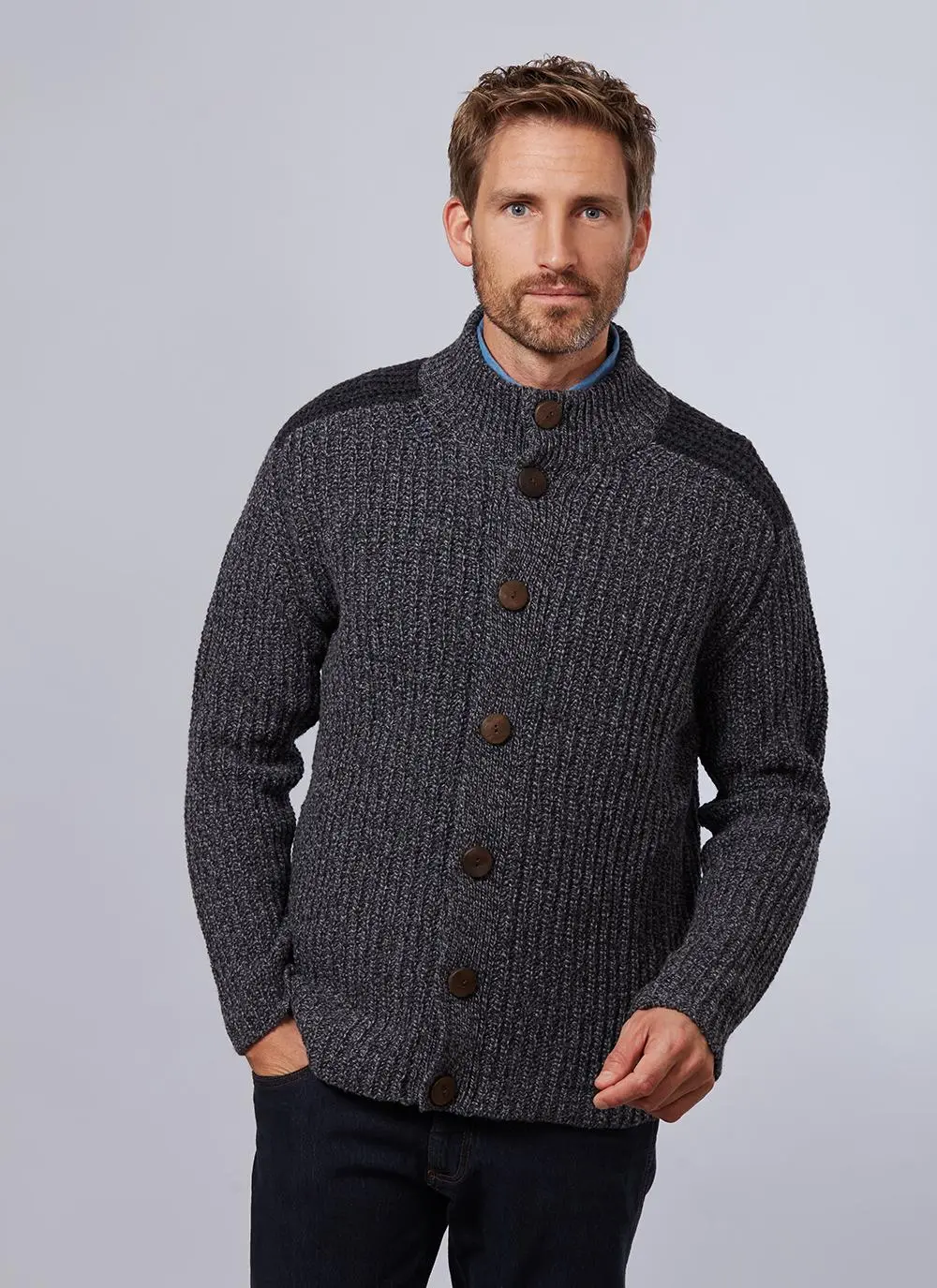 Fisherman Wool Cashmere Color Block Ribbed Cardigan