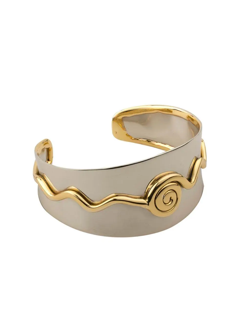 statement silver and brass bangle with celtic spiral