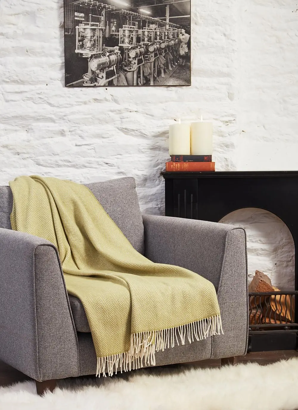Green Herringbone Wool Cashmere Throw