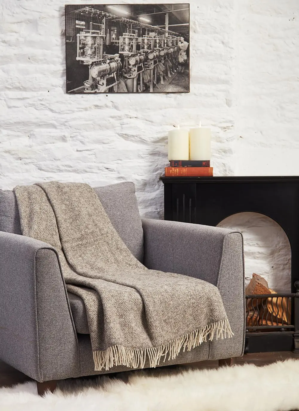 Grey Herringbone Natural Wool Eco Throw