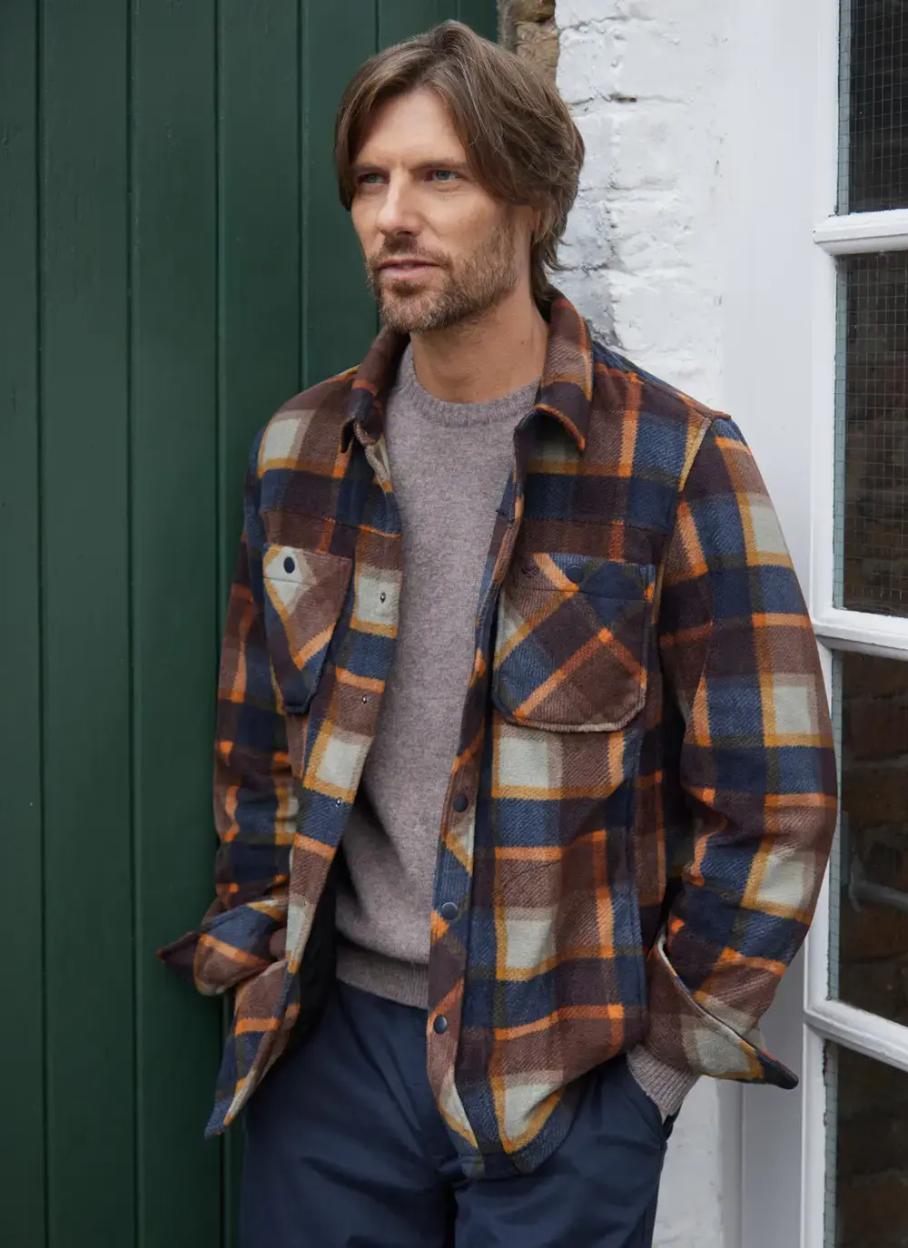 Brucefield Fleece Overshirt in Rust Navy Check