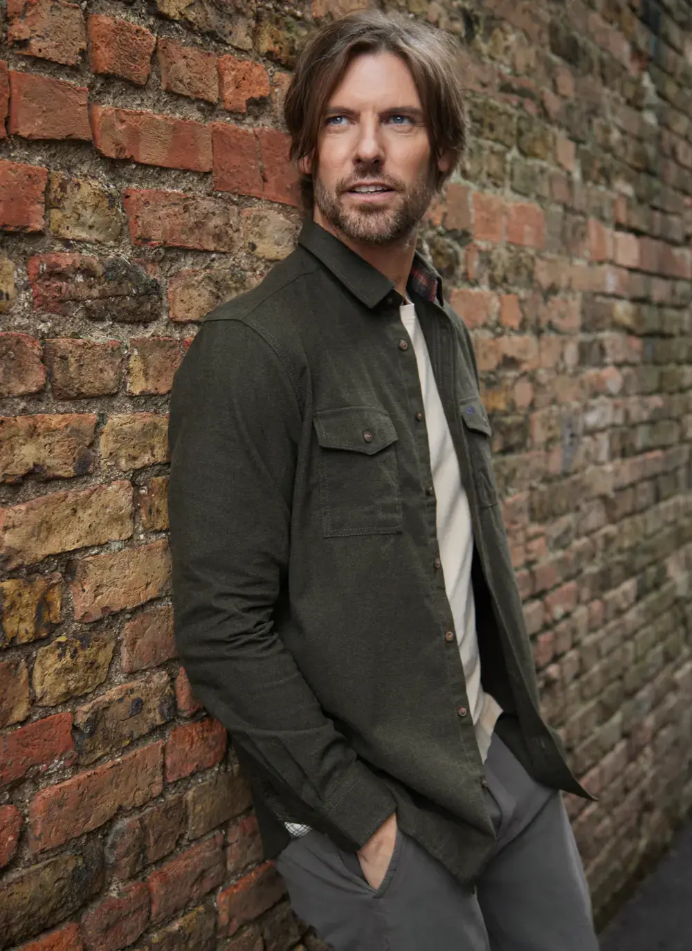 Donal Cotton Linen Grandfather Shirt in Loden Green