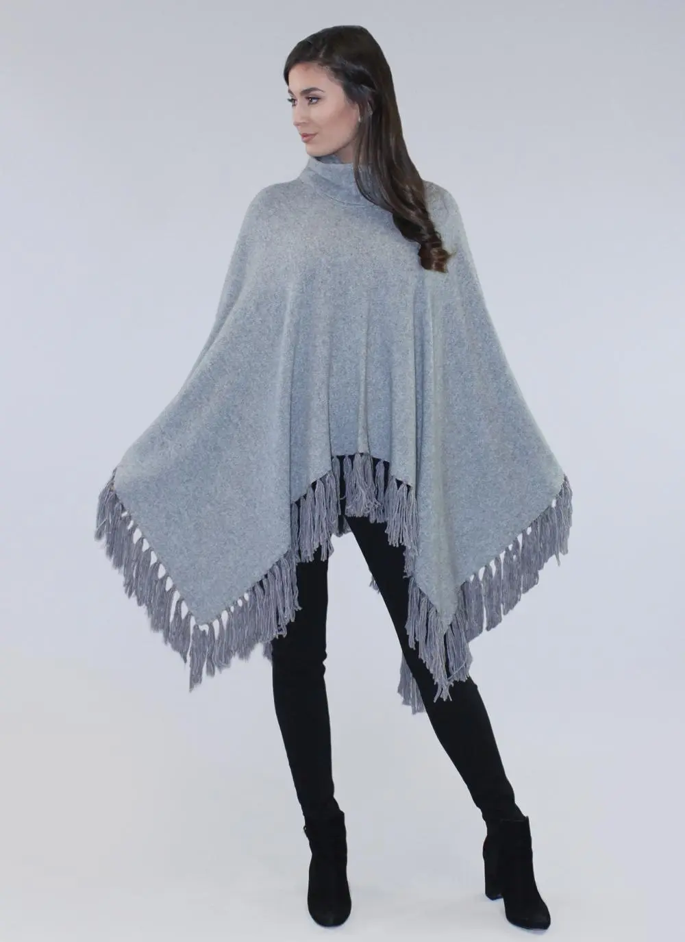 Cowl Neck Tassel Cape Gray
