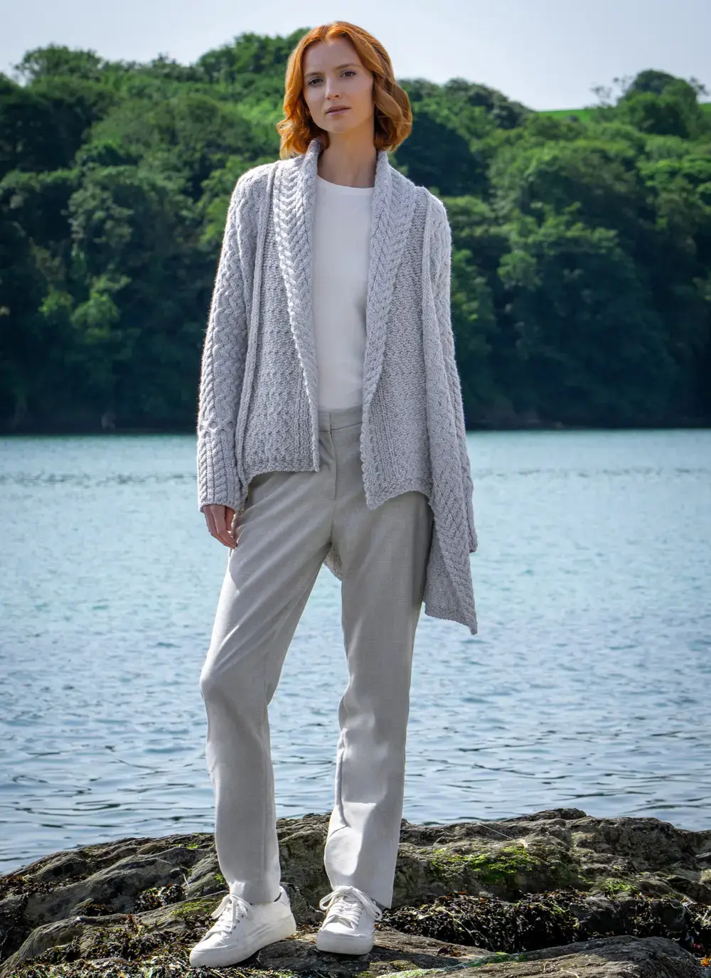 Front view Glenross Aran Waterfall Cardigan in Silver Marl 
