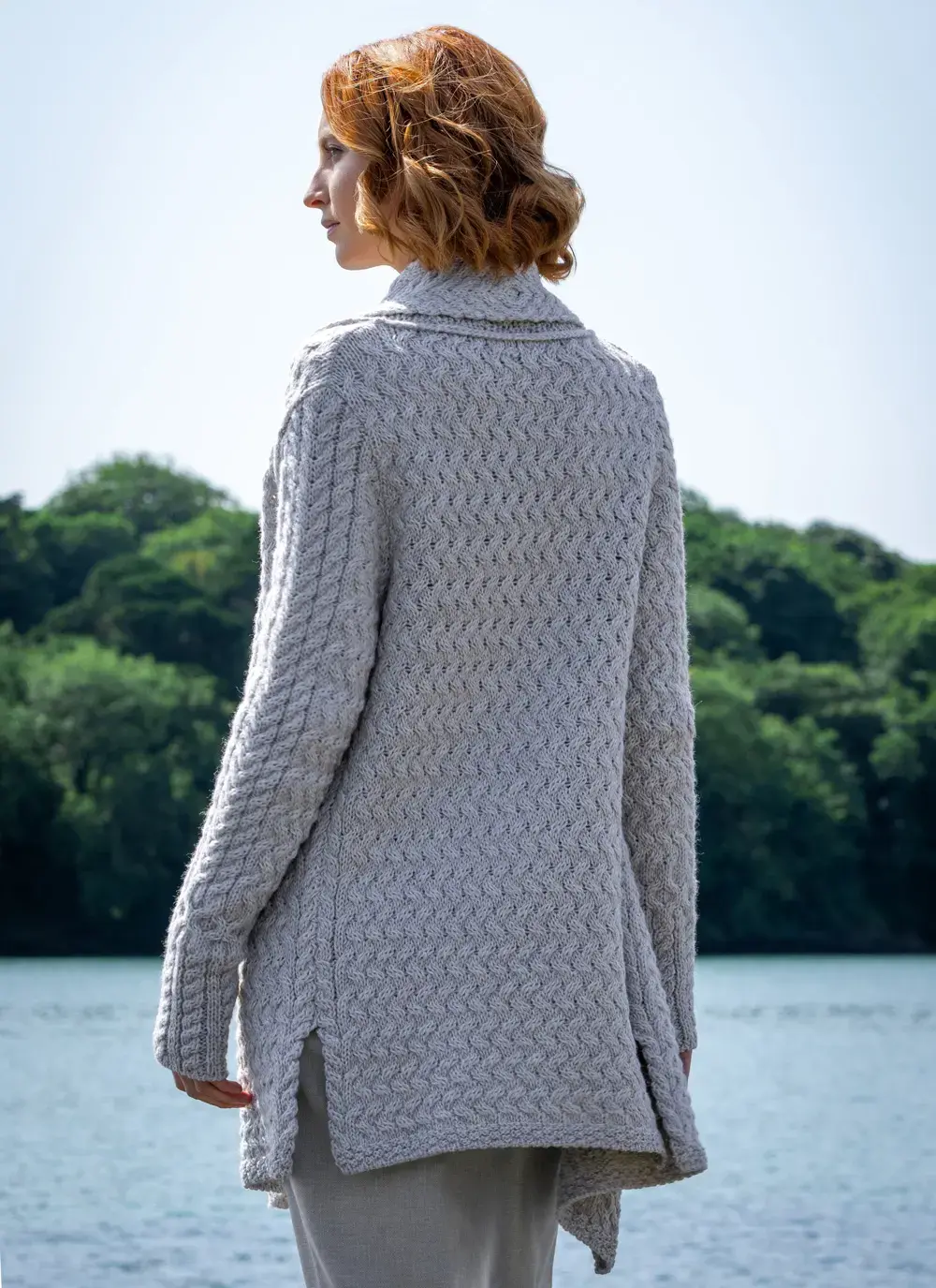 Back view Glenross Aran Waterfall Cardigan in Silver Marl 