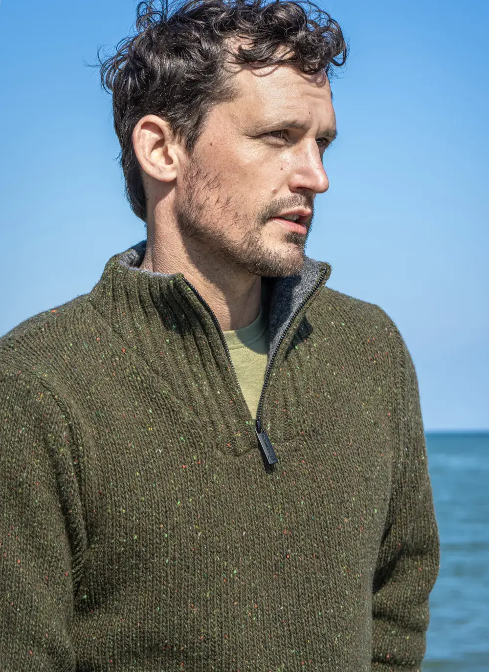 Close-up of Glenstone Sweater collar and zipper detail, highlighting contrast inner lining and flecked wool texture.