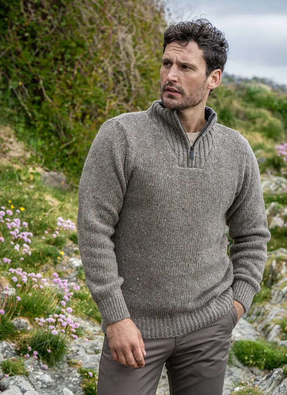Front view of Glenstone Contrast Sweater in Rocky Ground, with zip neckline and subtle flecked wool texture.