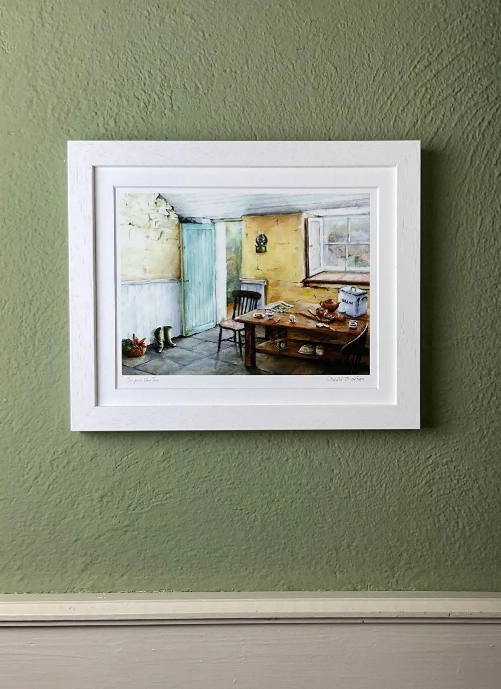 framed print of painting featuring old kitchen in rural ireland