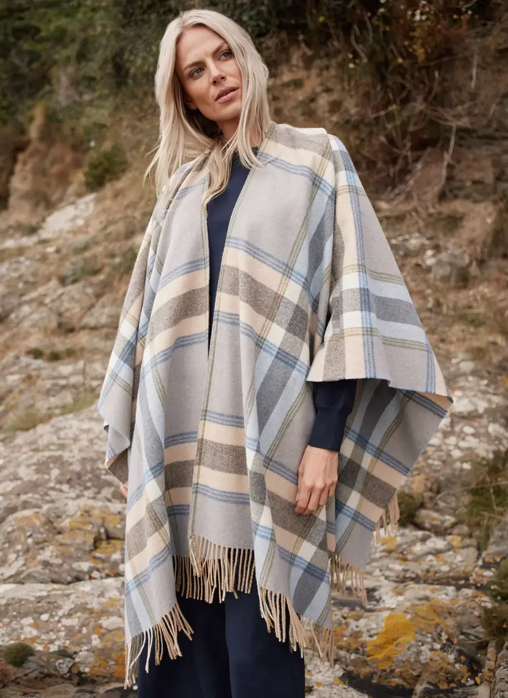 Liz Lambswool Plaid Tartan Shawl in Blue Beige Check