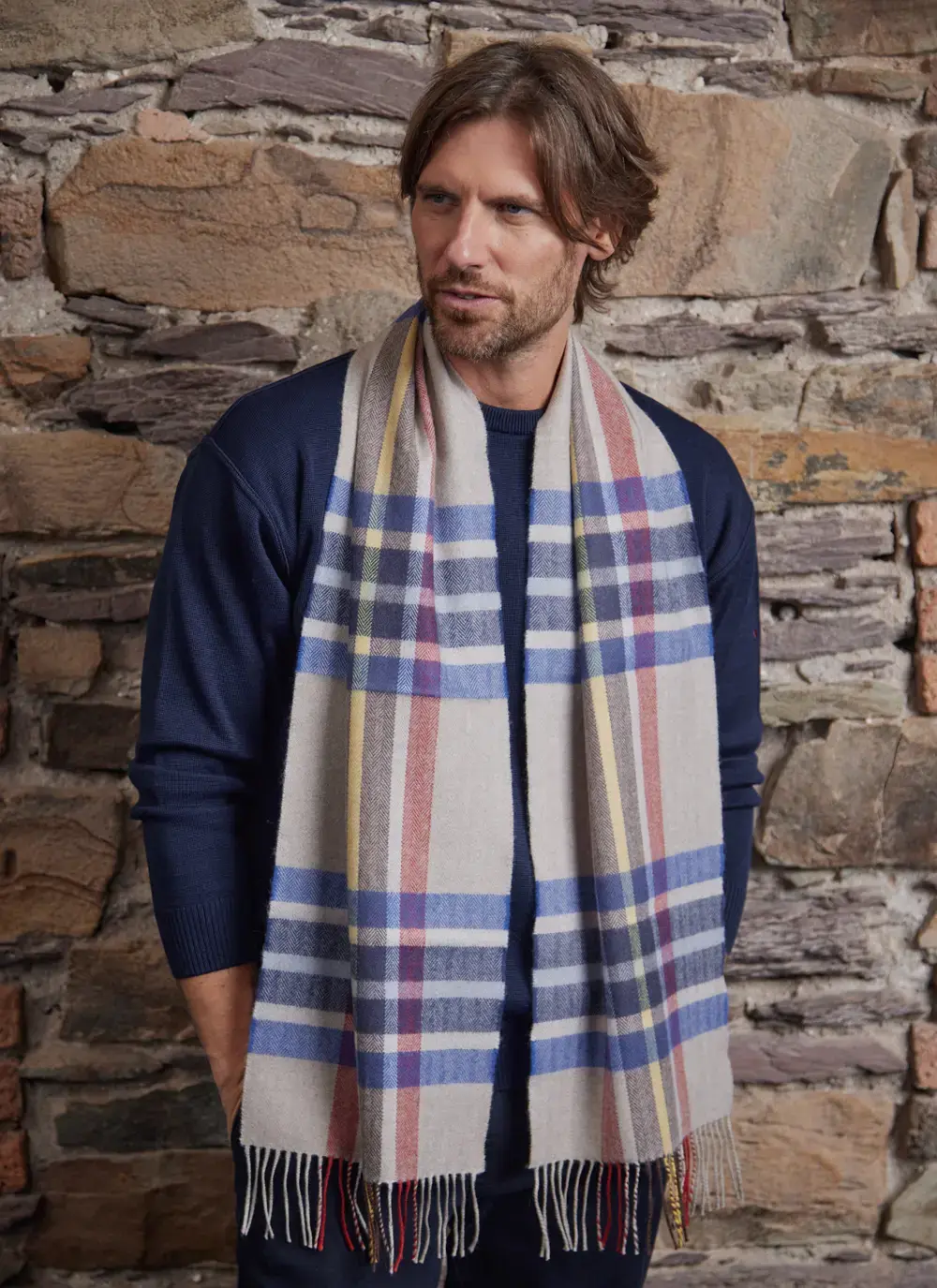 Extra Fine Merino Wool Fringed Check Scarf in Blue Red Check