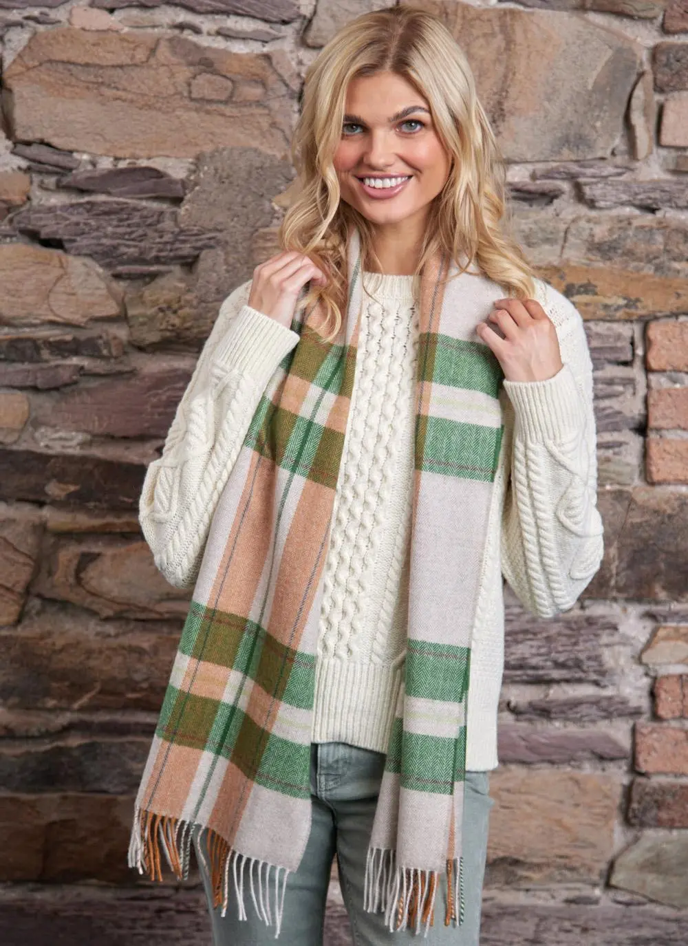 Extra Fine Merino Wool Fringed Check Scarf 