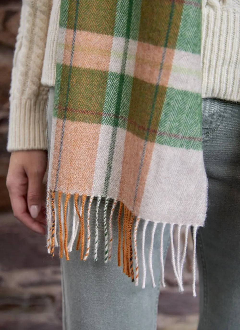 Extra Fine Merino Wool Fringed Check Scarf 