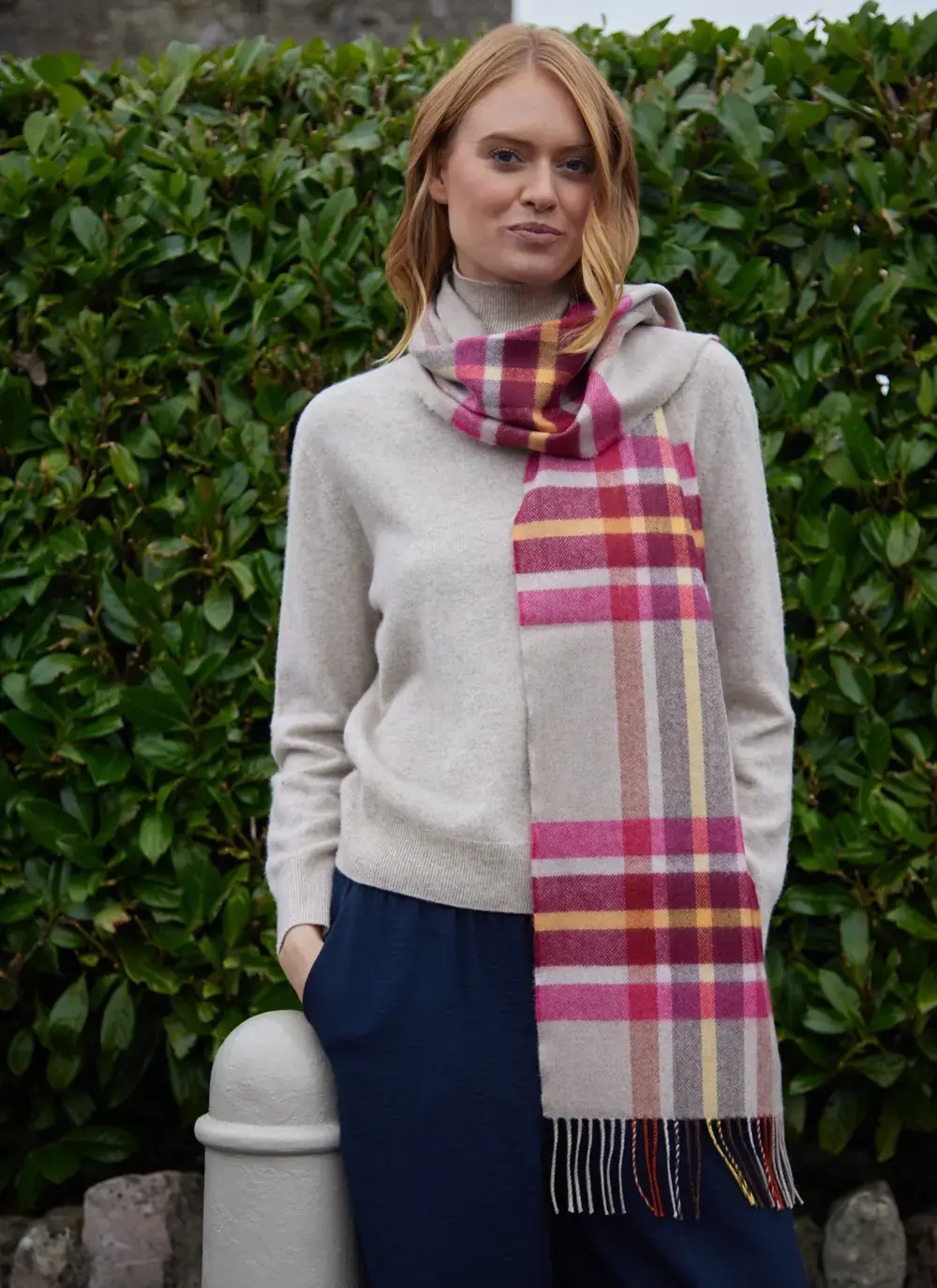 Extra Fine Merino Wool Fringed Check Scarf